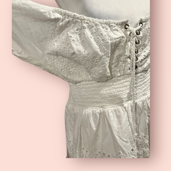 BOSTON PROPER Lace Eyelet Off the Shoulder Corset Tiered Ruffles Dress Size L - Picture 3 of 6